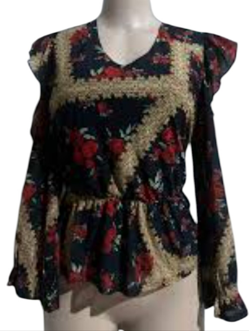 Black Floral Ruffle V-Neck Blouse with Red Roses - Picture 3 of 5